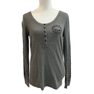 HARLEY-DAVIDSON Womens' L/S Rib-Knit Skull Snap Front Henley Tee, Heather Grey